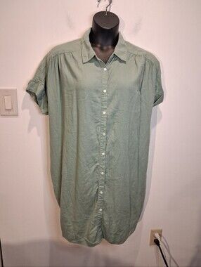Eco Threads Size XL Linen Blend Green Button Down Shirt Dress POCKETS